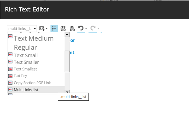 Guidance screenshot showing how to select 'multi link list' class in the rich text editor.