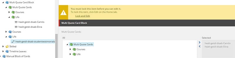 Screenshot showing the multi-quote card picker in Sitecore.