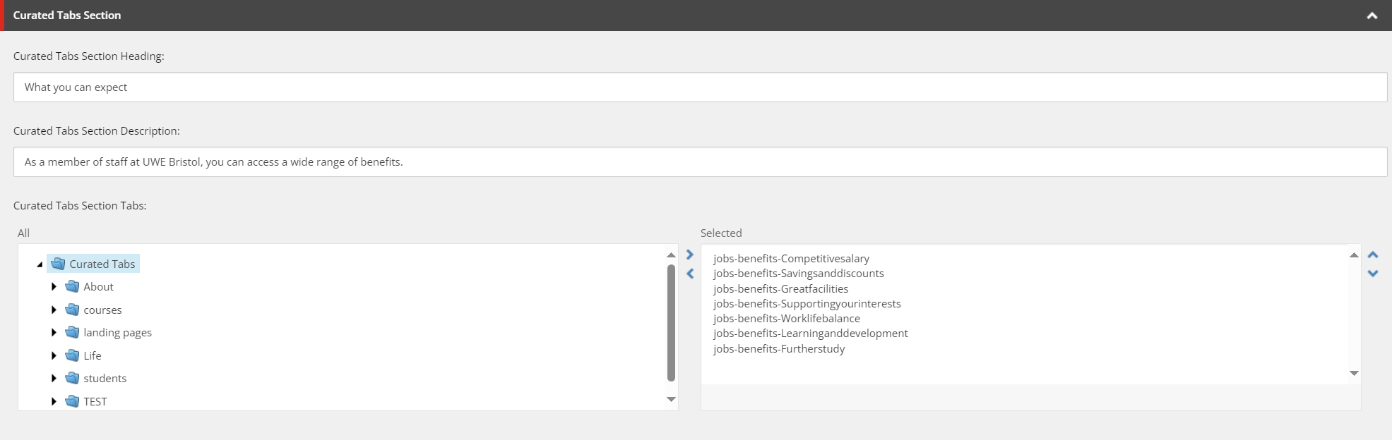 Screenshot showing how to add curated tabs onto a curated tab page template in Sitecore.