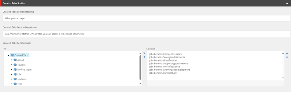 Screenshot showing how to add curated tabs onto a curated tab page template in Sitecore.