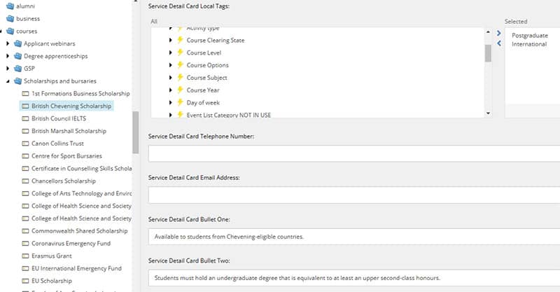 A screenshot showing card bullet and contacts fields in the service detail card component.