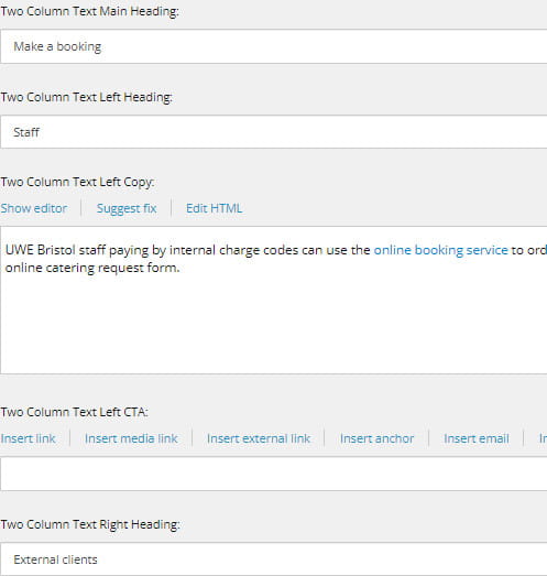 Two Column Text admin view.