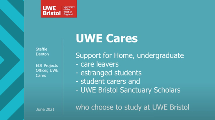 The title slide of the presentation which says 'UWE Cares'