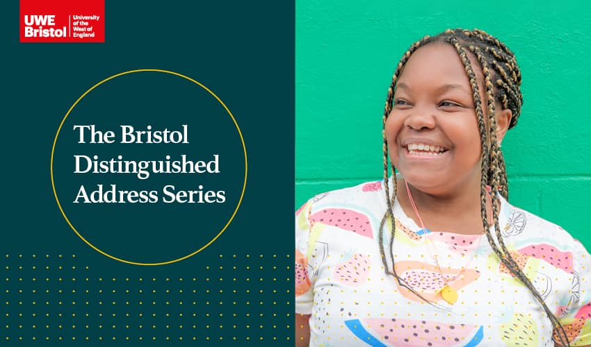 The image is split in half with the left side showing a logo and text and the right side is a picture of a woman stood in front of a green wall. 