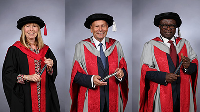 Left to right: Joy Carey, David Lamb and Prof. Paul Olomolaiye in graduation robes