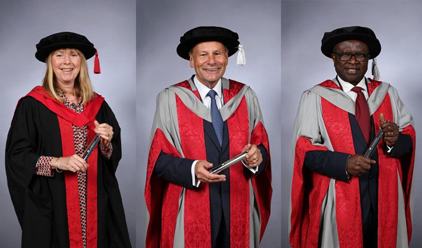 Left to right: Joy Carey, David Lamb and Prof. Paul Olomolaiye in graduation robes