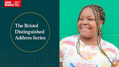 The image is split in half with the left side showing a logo and text and the right side is a picture of a woman stood in front of a green wall. 