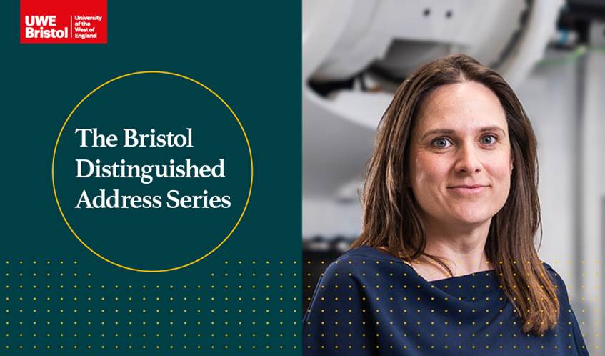 The image is split in half, the left side is a graphic design with a logo and gold circle with text in and on the right hand side is a headshot of a woman.