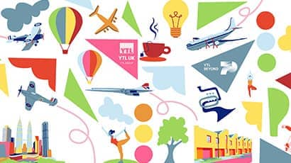 A colourful, abstract collage featuring various transportation and lifestyle elements. The design includes vintage airplanes, a modern passenger jet, and a Concorde-style aircraft