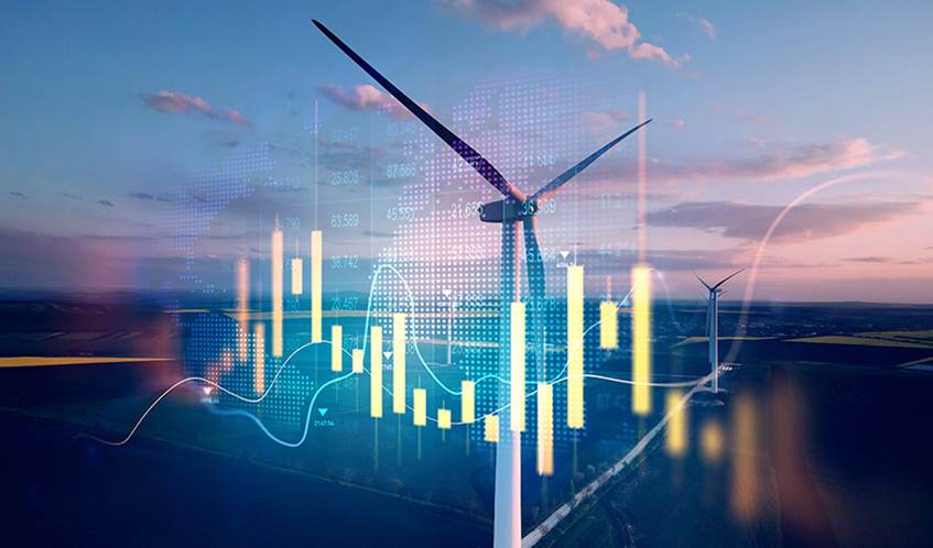 A panoramic view of countryside fields with a wind turbine in the foreground, overlayed with a digital graph, numerical figures and a bar chart.