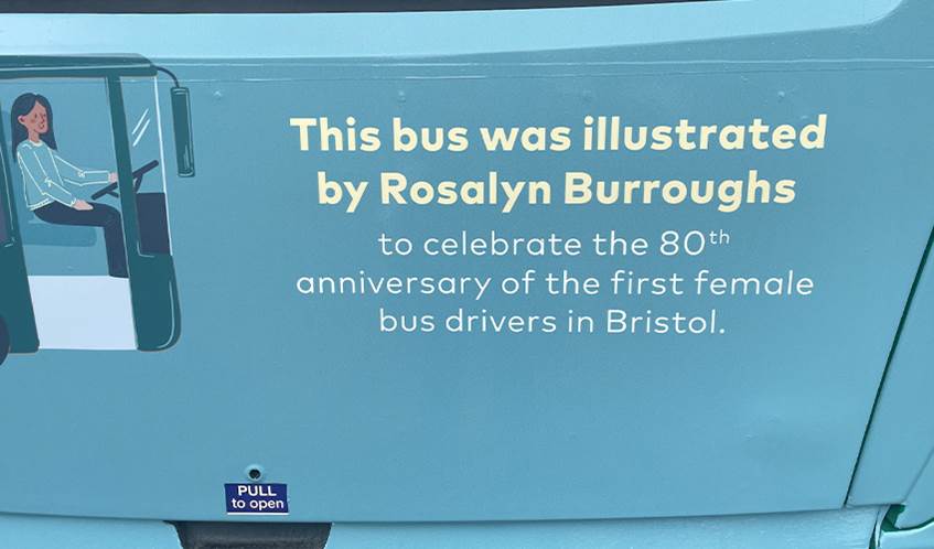 Photo shows the back of the bus with a sign saying the illustration is by UWE Bristol by Rosalyn Burroughs
