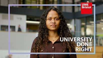 A woman looking directly at the camera stood in a university building with branded graphics over the top of the image. 