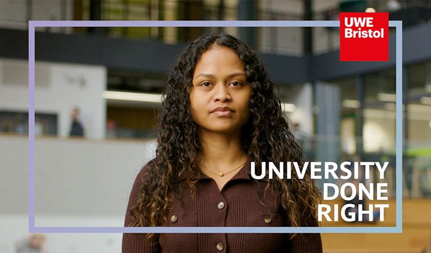 A woman looking directly at the camera stood in a university building with branded graphics over the top of the image.