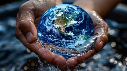 Someone holds the world in their hands in a pool of water