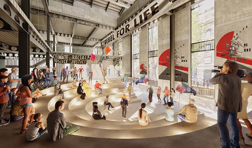 Student Nikola Asojana's concept for an activist hub 'Ground for Change' which shows a forum space in Bristol where members of the public can meet