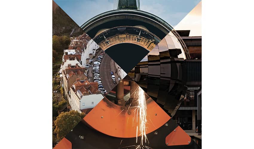 A graphic split into four quarters, showing houses, a clock, engineering and a city centre. 