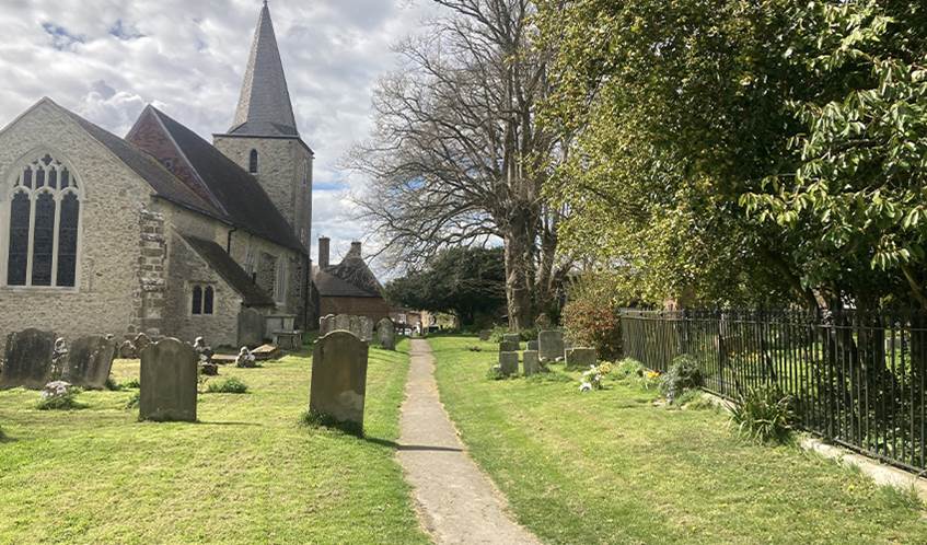 A church and graveyard