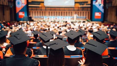 The backs of heads of hundreds of graduates sat in an auditorium wearing cap and gowns. 
