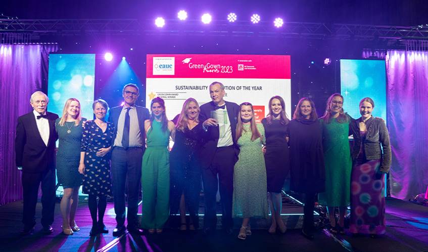 Team members from UWE Bristol's sustainability department celebrate winning an award