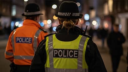 The back of two police officers walking down a street at night. One is wearing an orange high vis jacket, the other is wearing a yellow high vis jacket. 