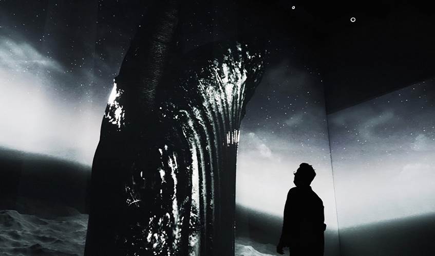 A man stands looking at the image of a whale as it emerges from the water.