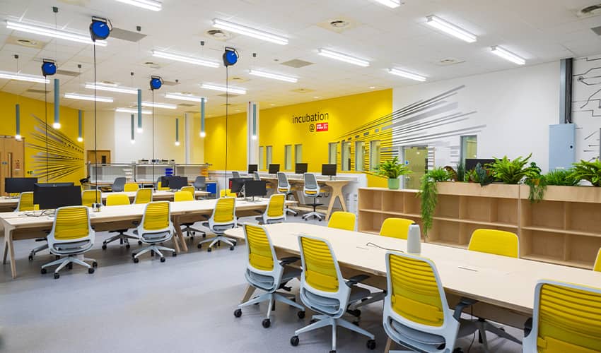 An office space with several long tables and bright yellow chairs, and yellow walls. 