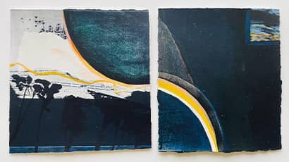 A silkscreen artwork titled 'There is light at the end of the tunnel' in blue, black, yellow, orange and white.