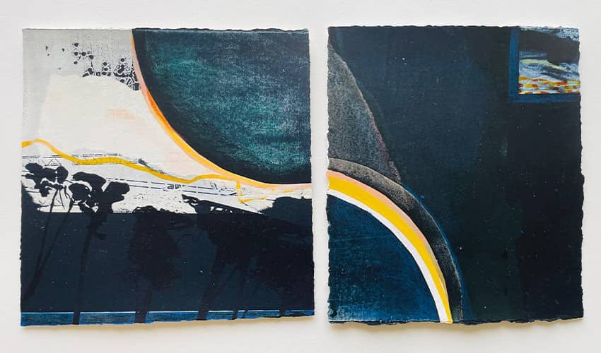 A silkscreen artwork titled 'There is light at the end of the tunnel' in blue, black, yellow, orange and white.