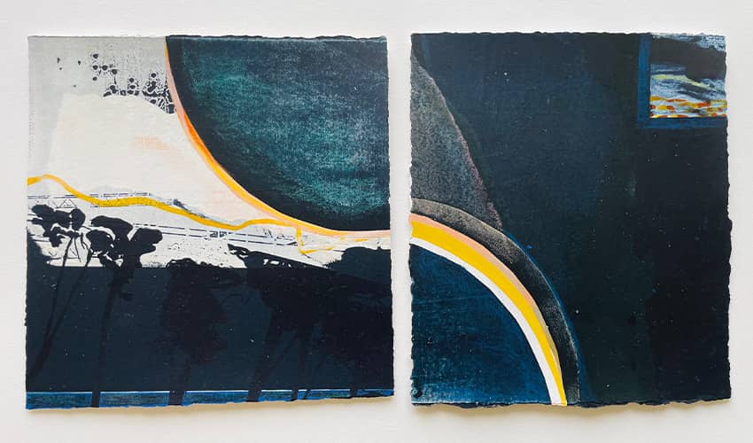 A silkscreen artwork titled 'There is light at the end of the tunnel' in blue, black, yellow, orange and white.