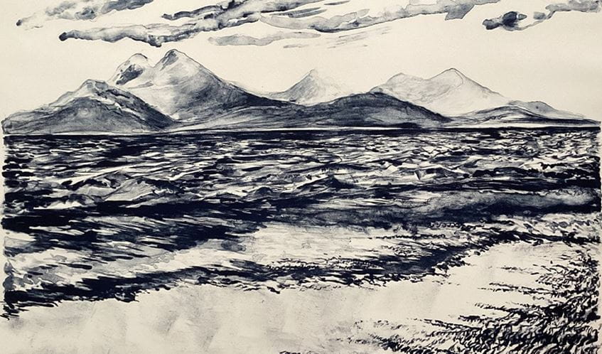 A black and white lithograph depicts a coastal scene with mountainous scenery.