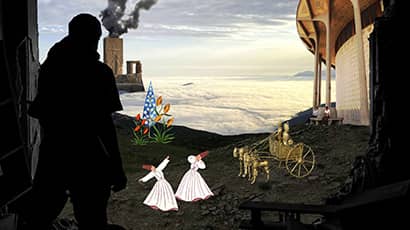 A man stands overlooking a landscape scene with figures in the foreground and a horse-drawn chariot.