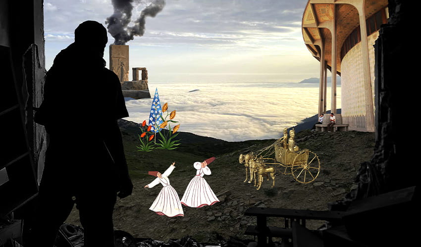A man stands overlooking a landscape scene with figures in the foreground and a horse-drawn chariot.