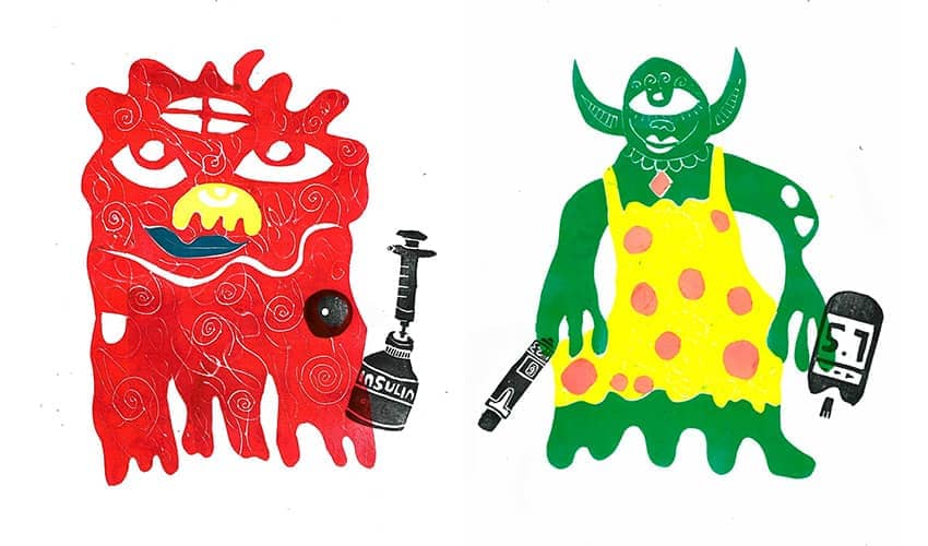 Two illustrated monsters, one red and one green, stand side by side.