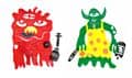 Two illustrated monsters, one red and one green, stand side by side.