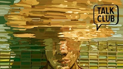 A graphic design of a head half submerged in water in a swimming pool