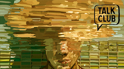A graphic design of a head half submerged in water in a swimming pool