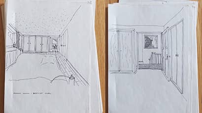 Sketches in pencil showing bedroom designs from Project Co-Lead Dr Annie Bellamy’s doctoral thesis ‘Designing dying well: towards a new approach to the co-production of palliative care environments for the terminally ill’