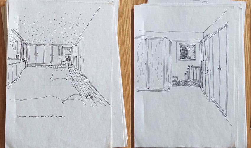Sketches in pencil showing bedroom designs from Project Co-Lead Dr Annie Bellamy’s doctoral thesis ‘Designing dying well: towards a new approach to the co-production of palliative care environments for the terminally ill’