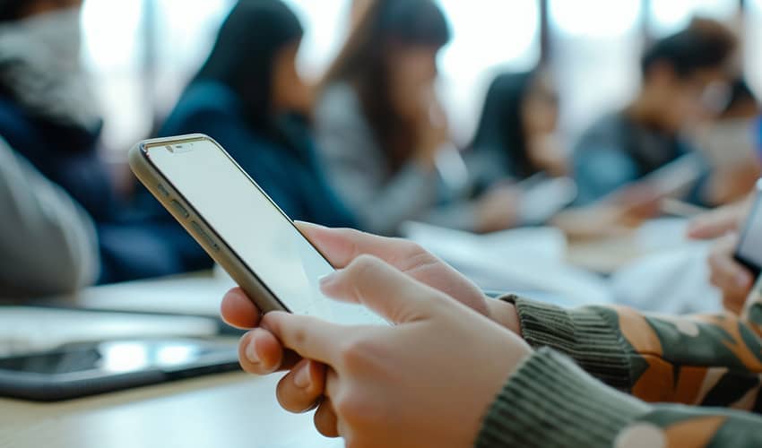 Hands on a smartphone in the foreground, with blurred out people sat at desks in the background