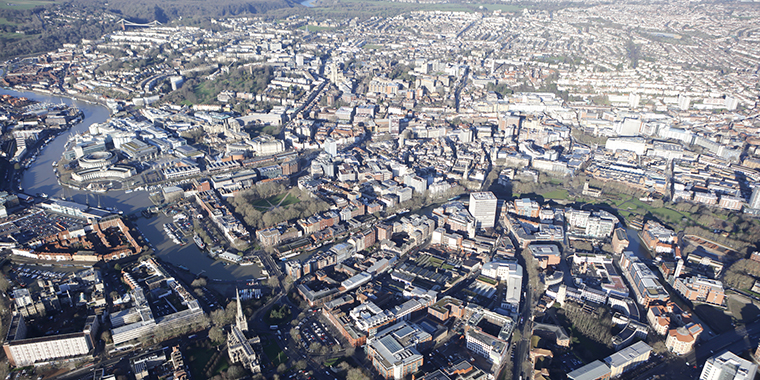 Aerial shot of Bristol city centre showing the River Avon.
