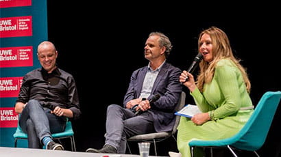 Carol Vorderman, Julian Bellamy and Grant Mansfield as panel members on stage.