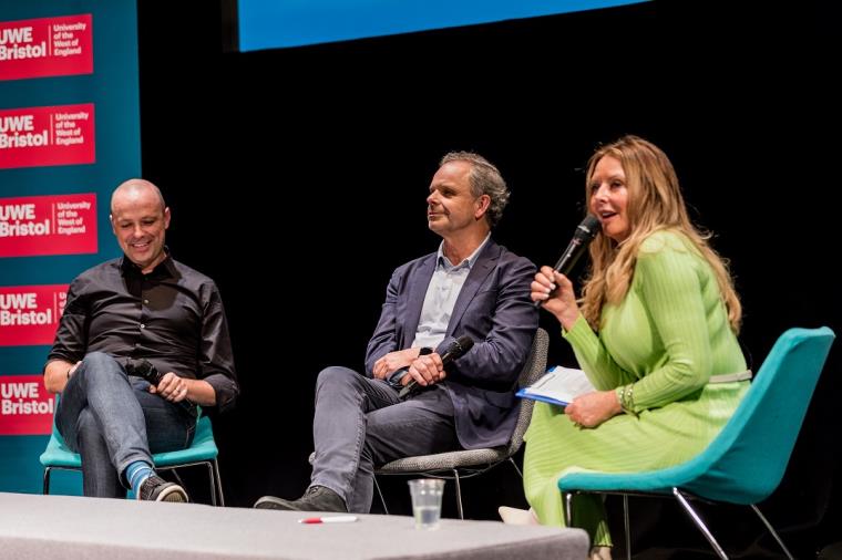 Carol Vorderman, Julian Bellamy and Grant Mansfield as panel members on stage.