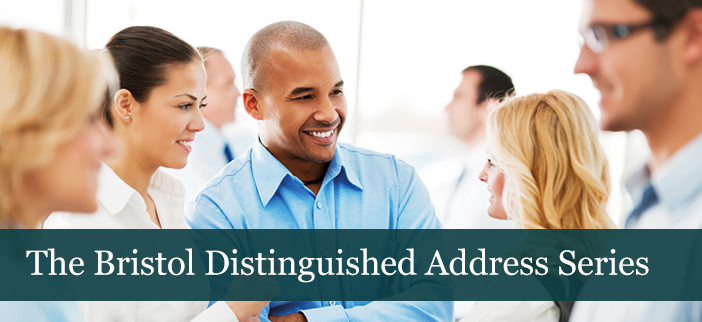 Group of business people talking with words 'Bristol Distinguished Address Series' overlaid.