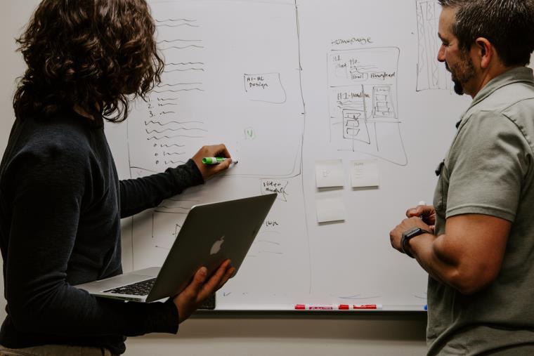 Two men writing on a whiteboard.