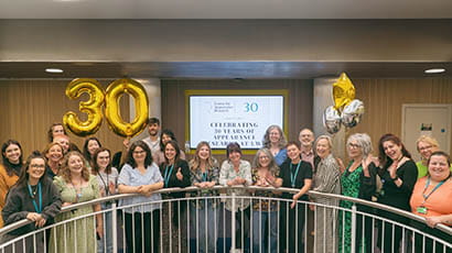 Members of the Centre for Appearance Research standing for a group photo, with balloons in the background