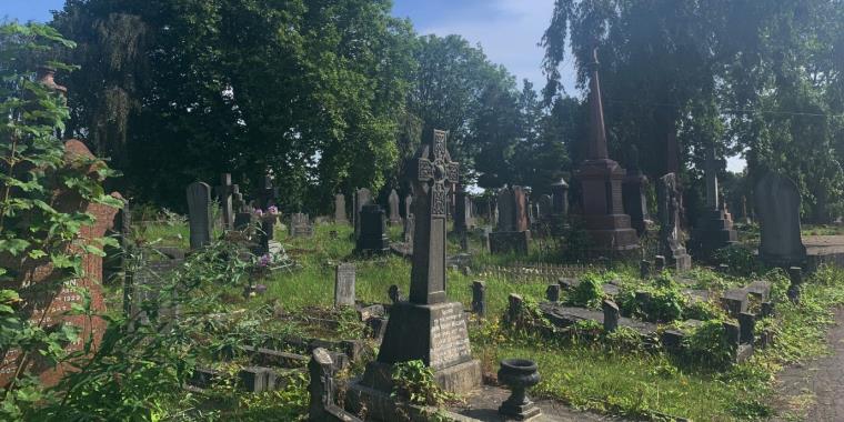 Memorial stones surrounded by foliage and trees in Greenbank cemetery.