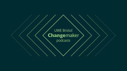 Changemaker podcast graphic light green on dark green