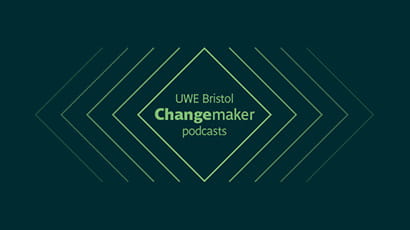 Changemaker podcast graphic light green on dark green