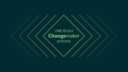 Changemaker podcast graphic light green on dark green