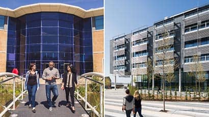 Collage image showing three people outside Cranfield University on one image, and two people walking past a building at the UWE Bristol Frenchay campus in the other image